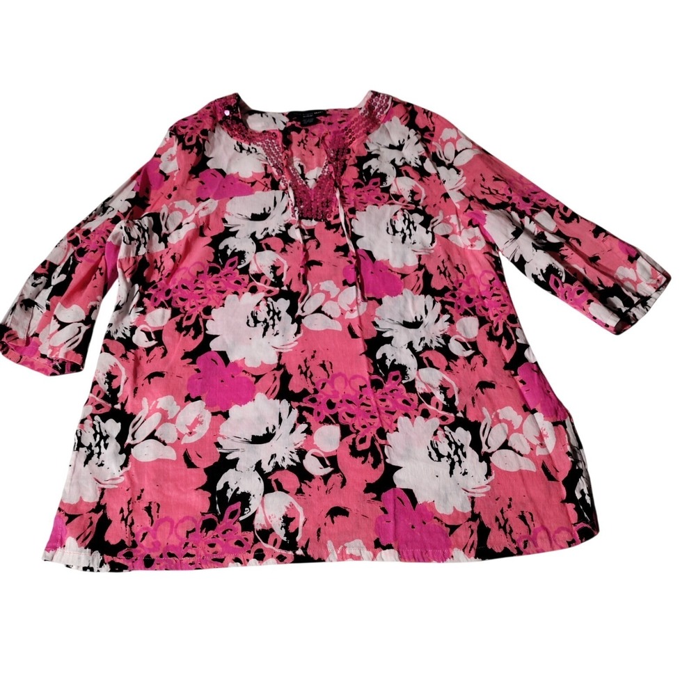 Saint Tropez West SZ 1X Linen Blend Blouse Pinks Blacks Whites 3/4 Sleeve